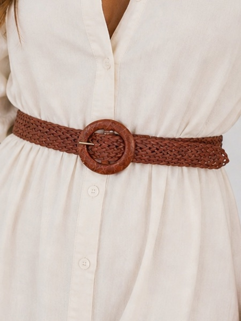 Vintage Brown Braided Leather Belt With Round Buckle Boho Western Style